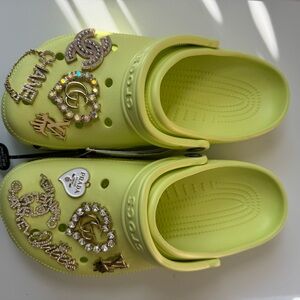 CROCS Lime Green Slippers with Gold Charms